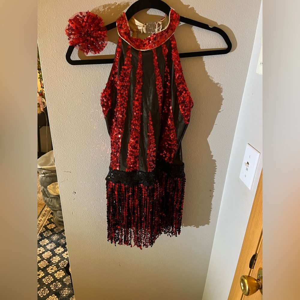 ADULT SMALL dance costume Red and Black Sequin Fringe Dress